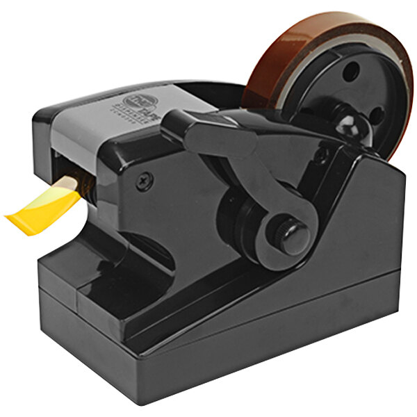 A close-up of a black Start International manual tape dispenser with a yellow tape wheel.