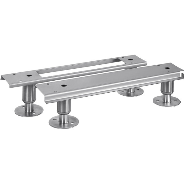 A pair of AccuTemp stainless steel adjustable flange feet with two holes in each.