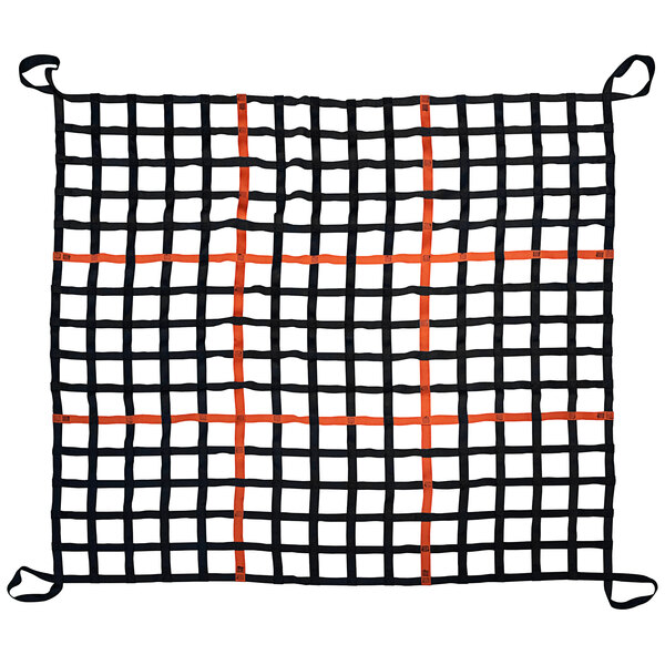 A black and orange mesh net with a black and orange grid.