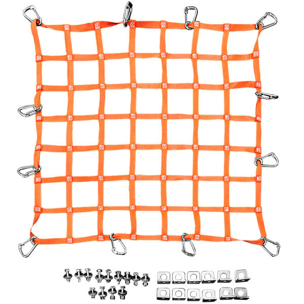 An orange net with metal angle brackets and clips.