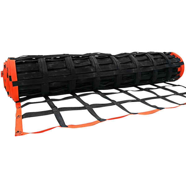 A roll of black and orange US Netting plastic mesh with straps.