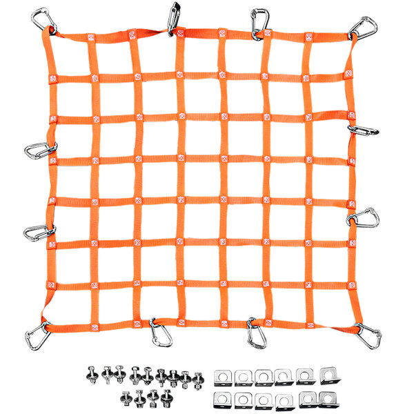 An orange polyester net with metal angle brackets and clips.