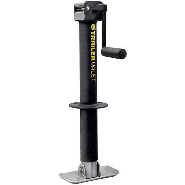 A black Trailer Valet JX tongue jack with a black and yellow handle.