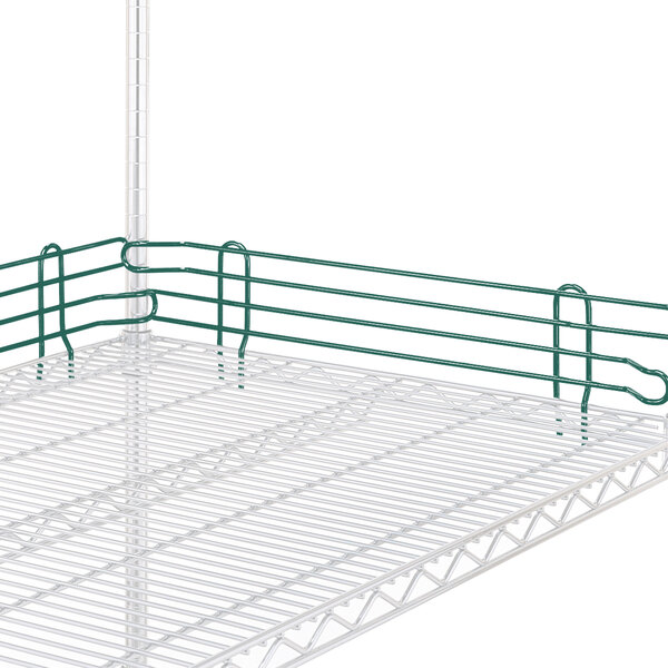 A Metro Super Erecta wire shelf with Hunter Green ledges. Green metal rods are attached to the white shelf.