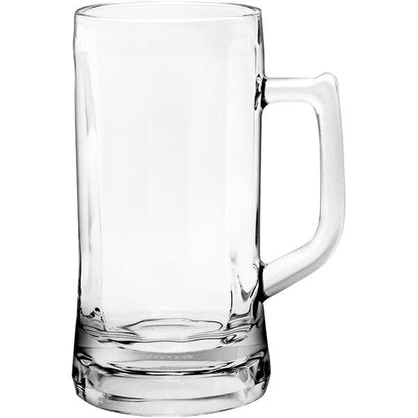 A case of 12 clear glass Munich beer mugs with handles.
