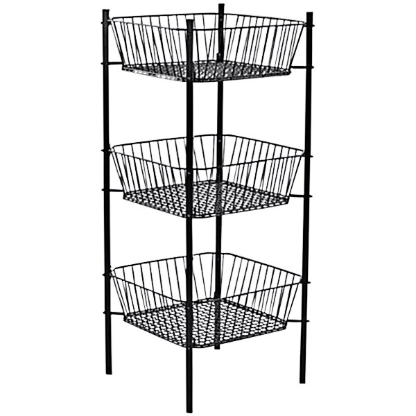 A three tiered metal rack with wire baskets.