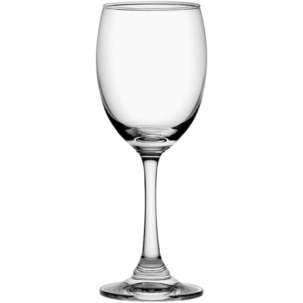 A close-up of a clear Duchess white wine glass with a stem.