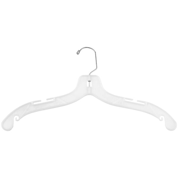 A 17" white plastic shirt hanger with a chrome hook.
