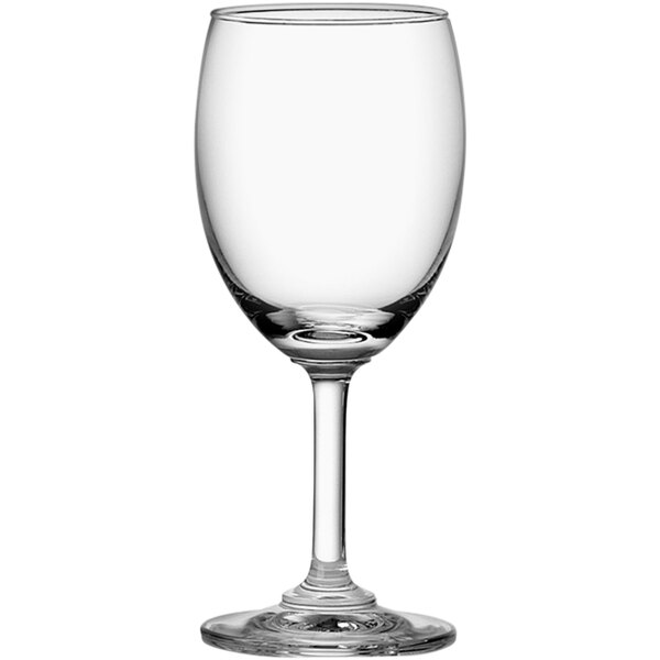 A close-up of a clear Classic White Wine Glass with a stem.