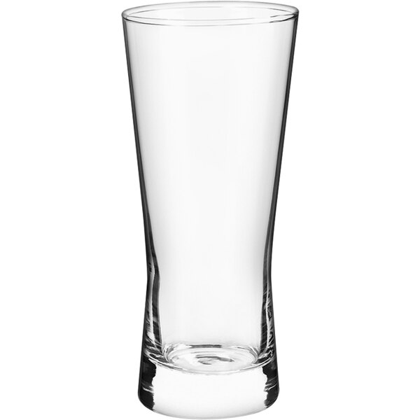 A clear Metropolitan Pilsner glass.