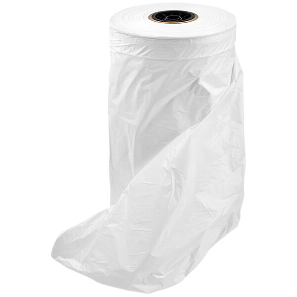 A roll of white plastic garment bags on a white background.
