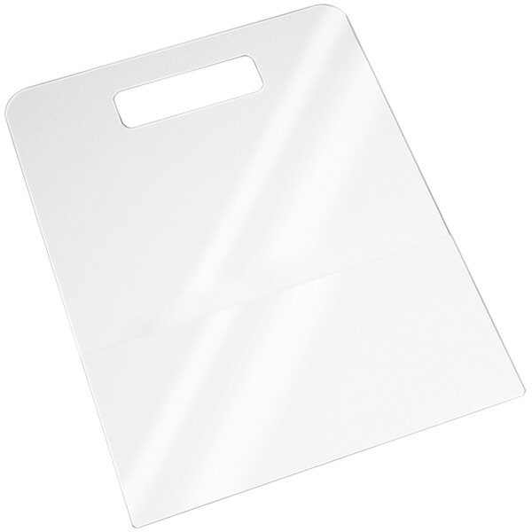 A white plastic shirt folding board with a handle.