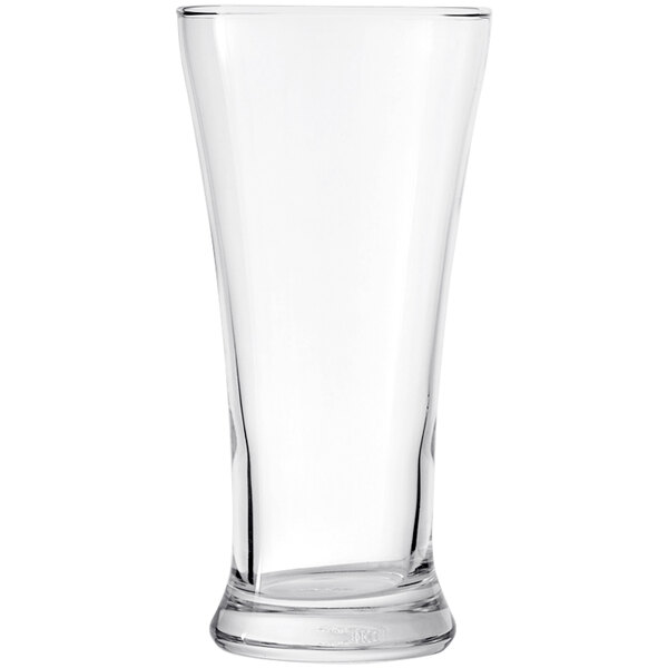 A 12 oz. Pilsner glass with a clear bottom on a white background.
