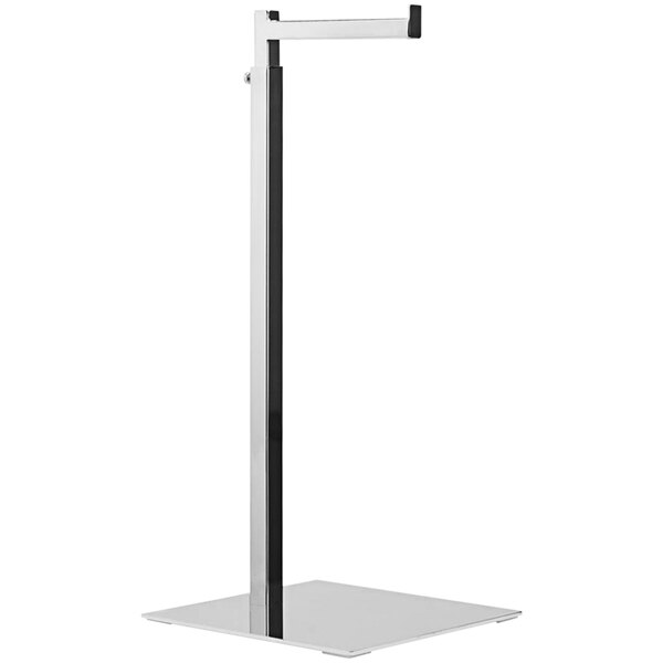 A silver and black metal handbag stand with a white rectangular base.