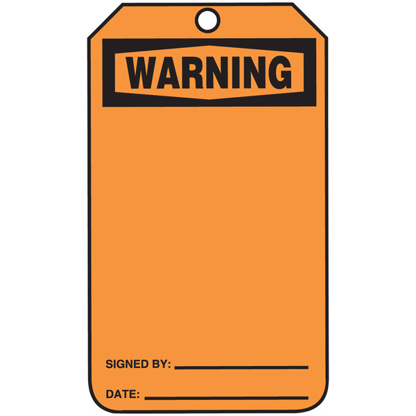 A white Accuform plastic safety tag with a yellow warning sign and grommet.