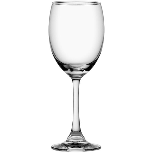 A close-up of a clear Duchess red wine glass with a stem.