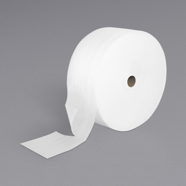 A roll of white Lavex foam packaging on a white surface.