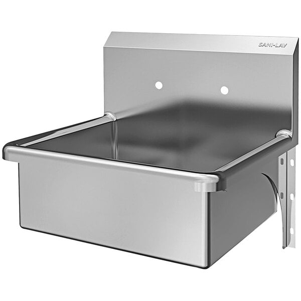 A Sani-Lav stainless steel wall mounted hand sink with a drain and 8" centers.