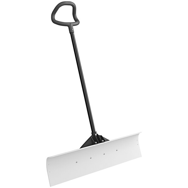 A white Suncast snow pusher with a black handle.