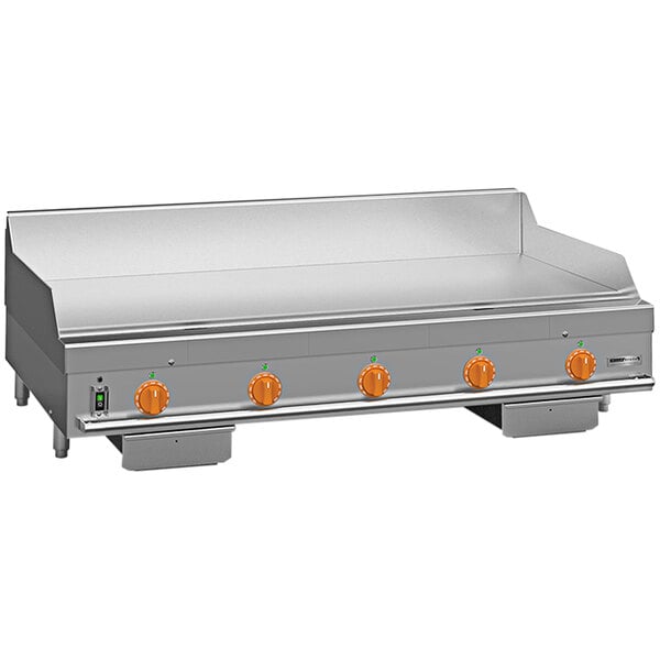 A Wood Stone stainless steel liquid propane griddle with orange knobs.