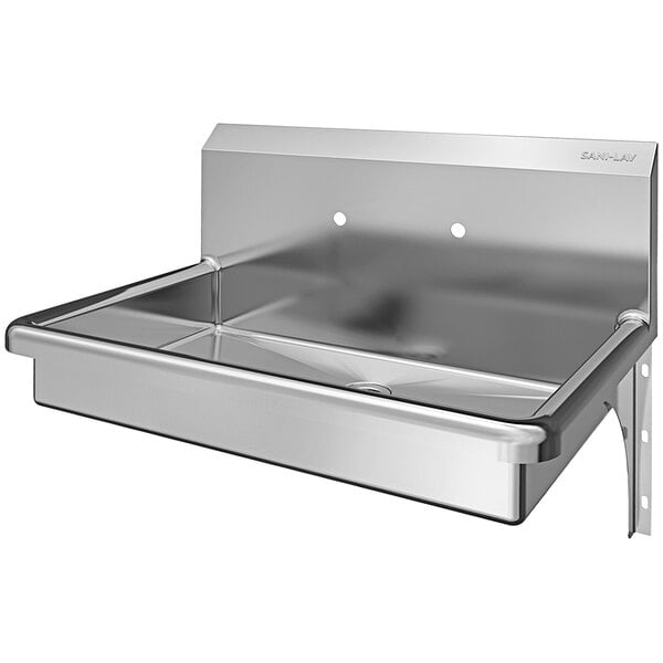 A Sani-Lav stainless steel wall mounted utility sink with a drain and 8" centers.