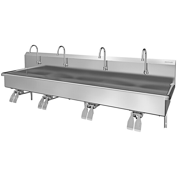 A stainless steel Sani-Lav wall mounted multi-station sink with knee-operated faucets.