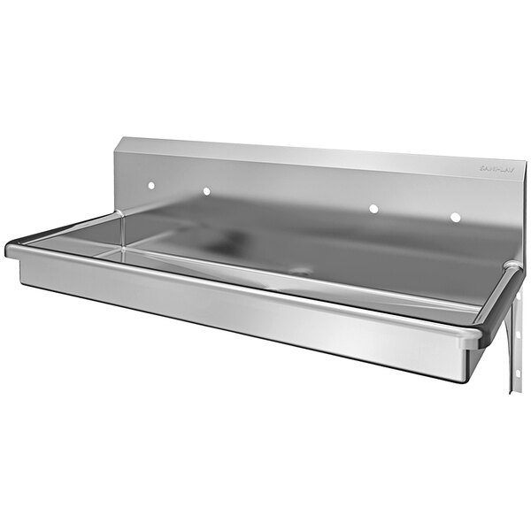 A stainless steel Sani-Lav utility sink with holes for 2 wall mounted faucets.