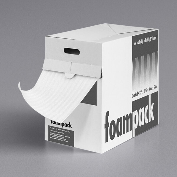 A white box with a white paper towel holder containing foam packaging with a handle.