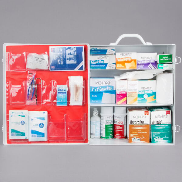 A Medique first aid kit cabinet with a red cover.
