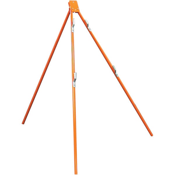 An orange Accuform construction sign tripod with silver hooks.