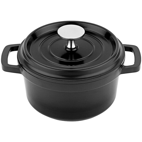 A gray enamel coated cast aluminum Dutch oven with a lid.
