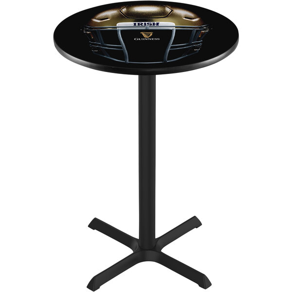 A Holland Bar Stool counter height pub table with a Guinness Notre Dame football helmet on it.