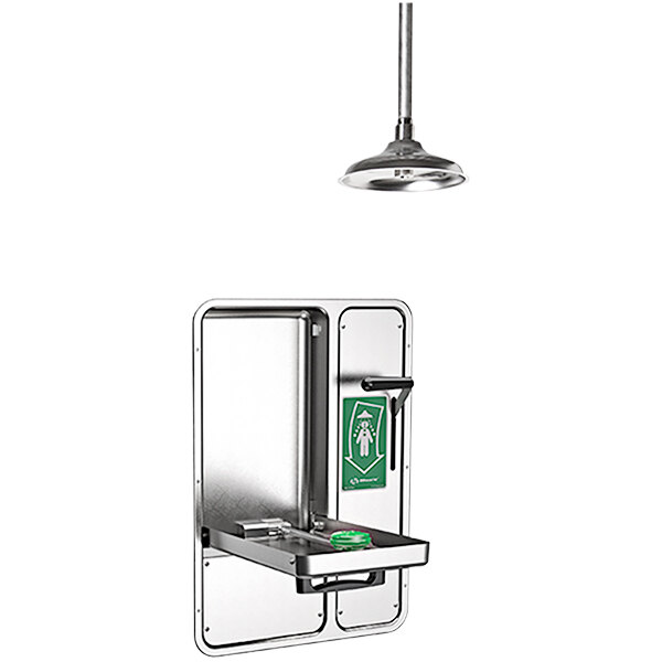 A Haws MSR barrier-free shower and eye/face wash station with a green sign and light above it.