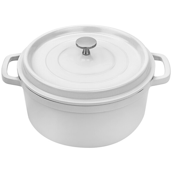 A white round Dutch oven with a white lid and handle.