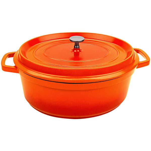 An orange oval GET Heiss Dutch oven with a lid.