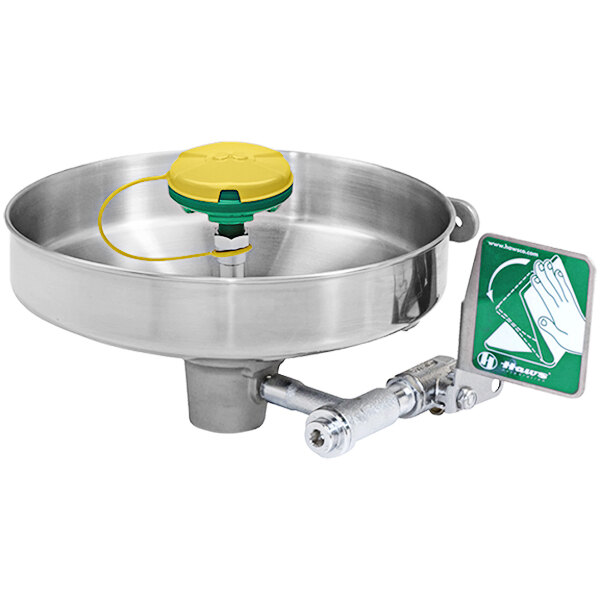 A stainless steel Haws water bowl with a yellow handle.