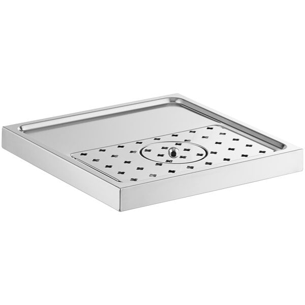 A silver square Micro Matic stainless steel drip tray with holes in the bottom.