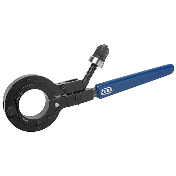 A Zurn PEX large diameter multi-size copper crimp ring tool with a blue handle.