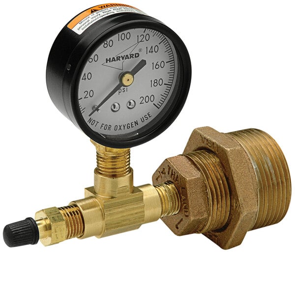 A Zurn PEX air pressure tester kit pressure gauge with brass pipe and nut.