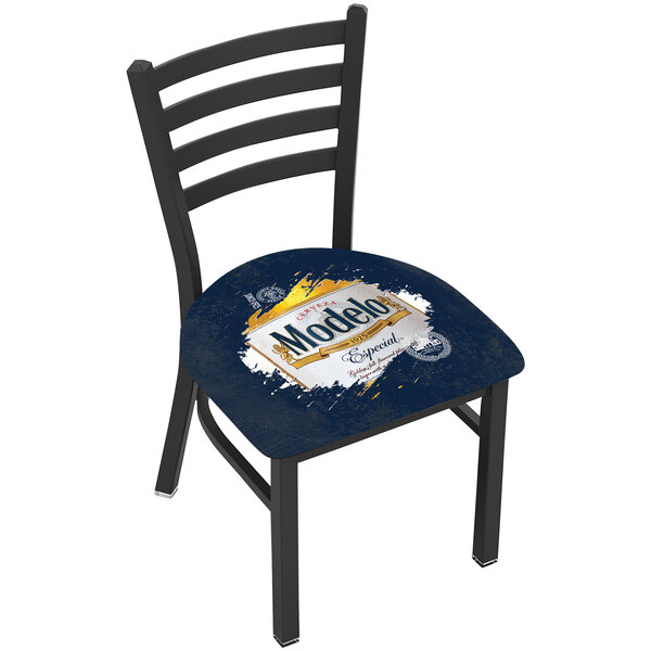 A white Holland Bar Stool chair with Modelo splash logo on the seat back.