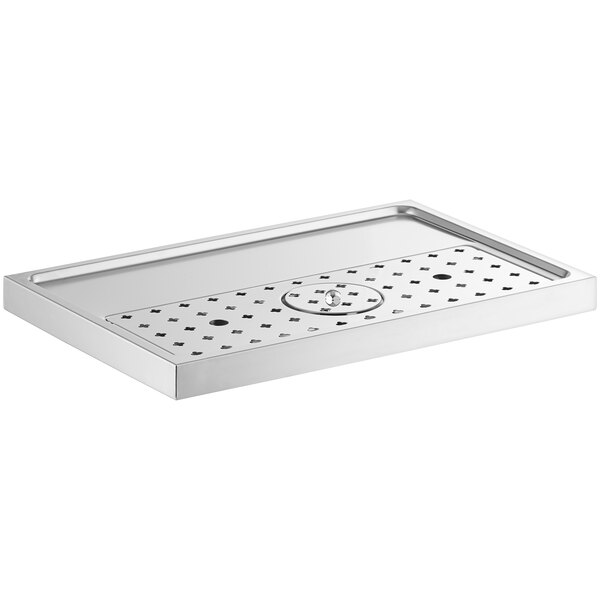 A silver stainless steel rectangular Micro Matic platform drip tray with holes.