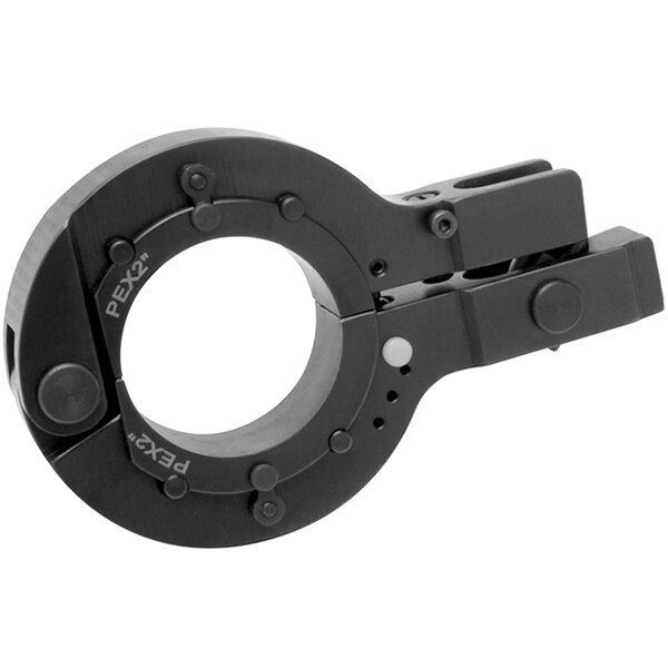 A black metal Zurn PEX crimp ring replacement head with a round hole.