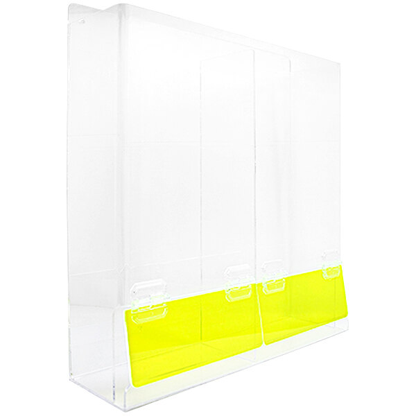 A clear plastic box with yellow dividers and a lid holding Accuform Safety Glasses.