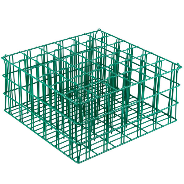 A green Microwire catering basket with many square compartments.