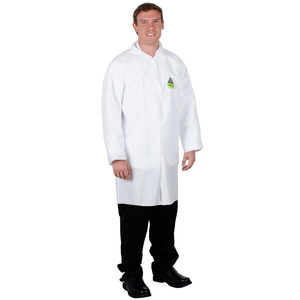 A man wearing a Cordova white disposable lab coat.