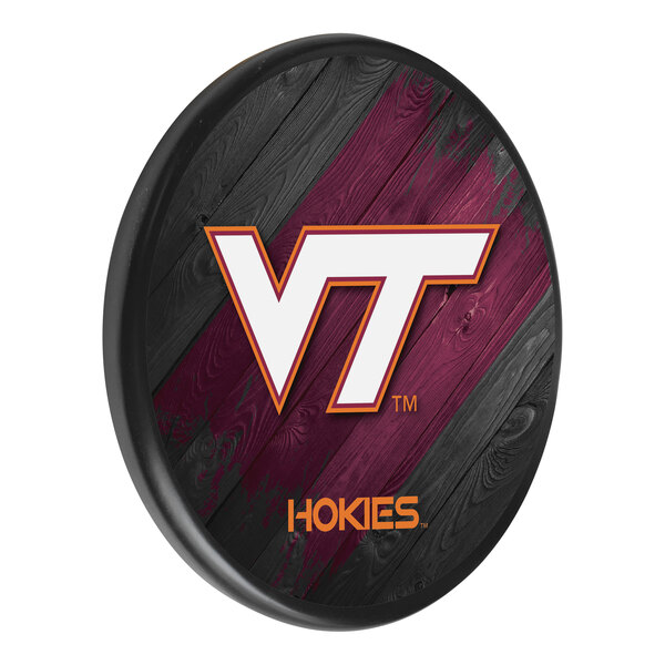 A black and purple wood sign with a white Virginia Tech logo and text.