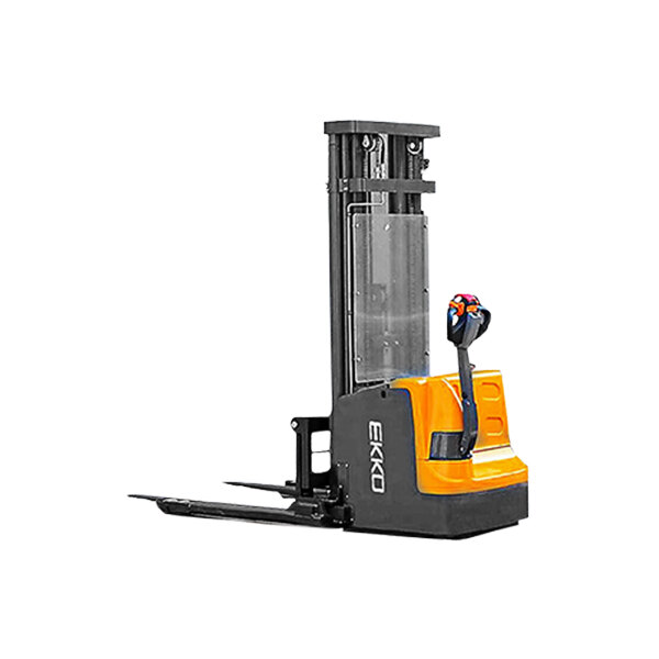 An EKKO full electric powered straddle forklift with adjustable forks and legs.