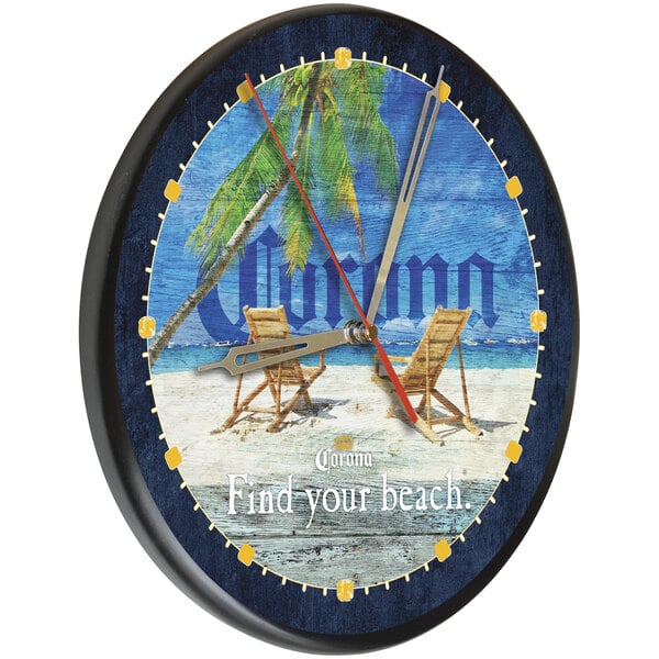 A Holland Bar Stool wooden clock with the words "Corona Find Your Beach" on it.