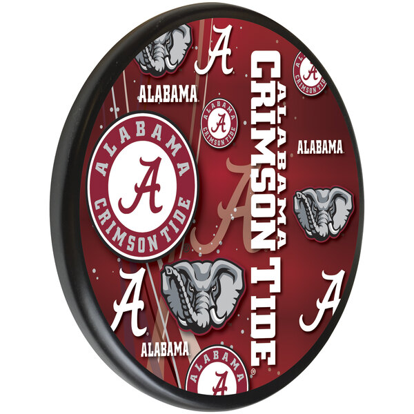 A round red wooden sign with white and gray University of Alabama text and logo.