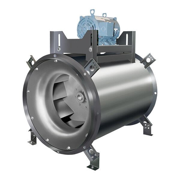 A NAKS belt drive centrifugal exhaust fan with a blue motor inside a metal cylinder.
